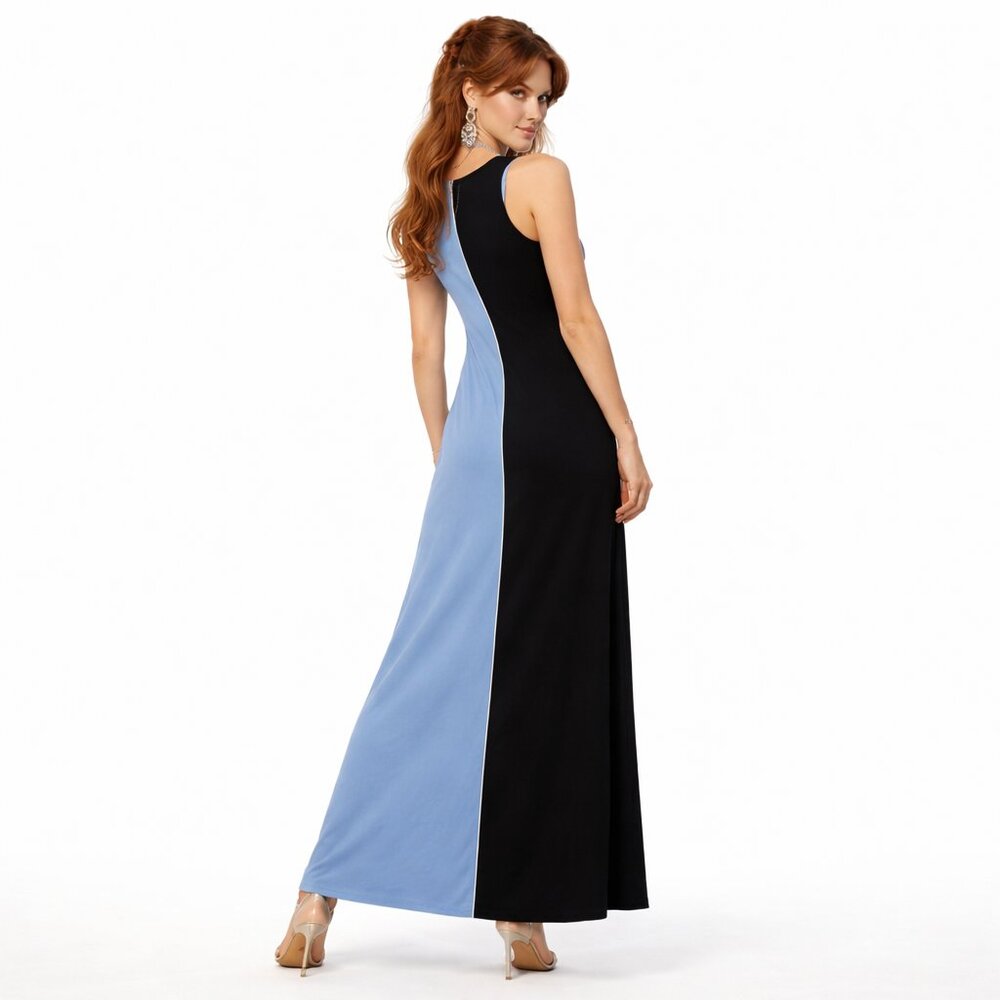 Karen Kane Colorblock Maxi Dress Navy Blue Sleeveless Size L Elegant Flow NEW - Picture 3 of 12